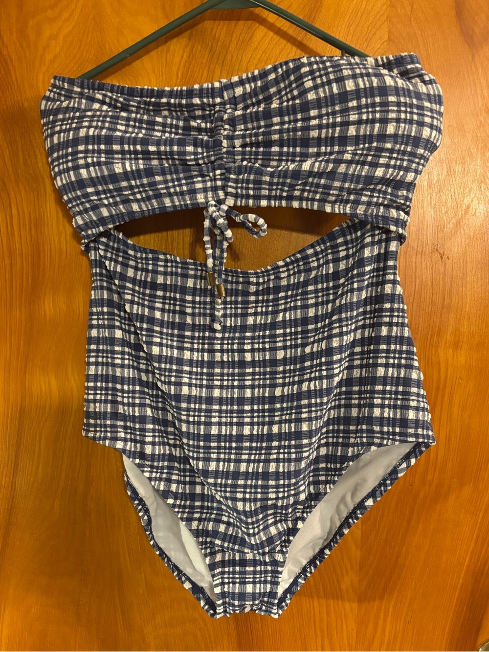 Time and Tru Navy and White Plaid Cutout One-Piece Swimsuit w/padded bra